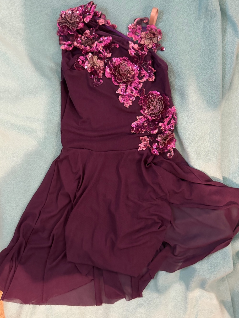 Girls Embellished Plum One-Shoulder Dress with Floral Appliqué
